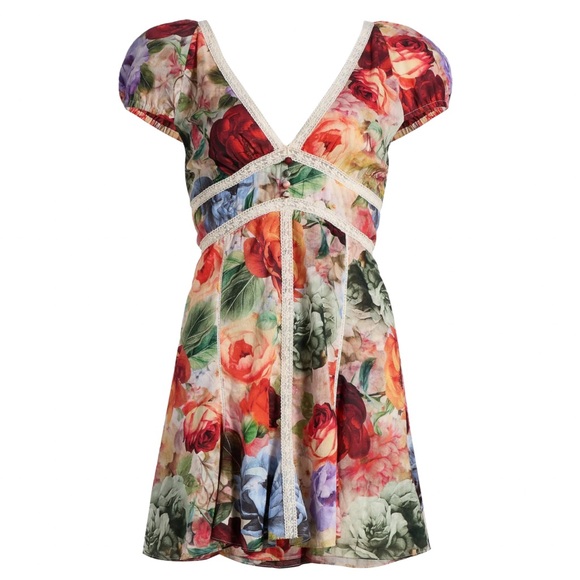 Alice + Olivia Lara Deep V Lace Trim Mini Dress — Multicolor Floral Size 4 NWT - Picture 4 of 13